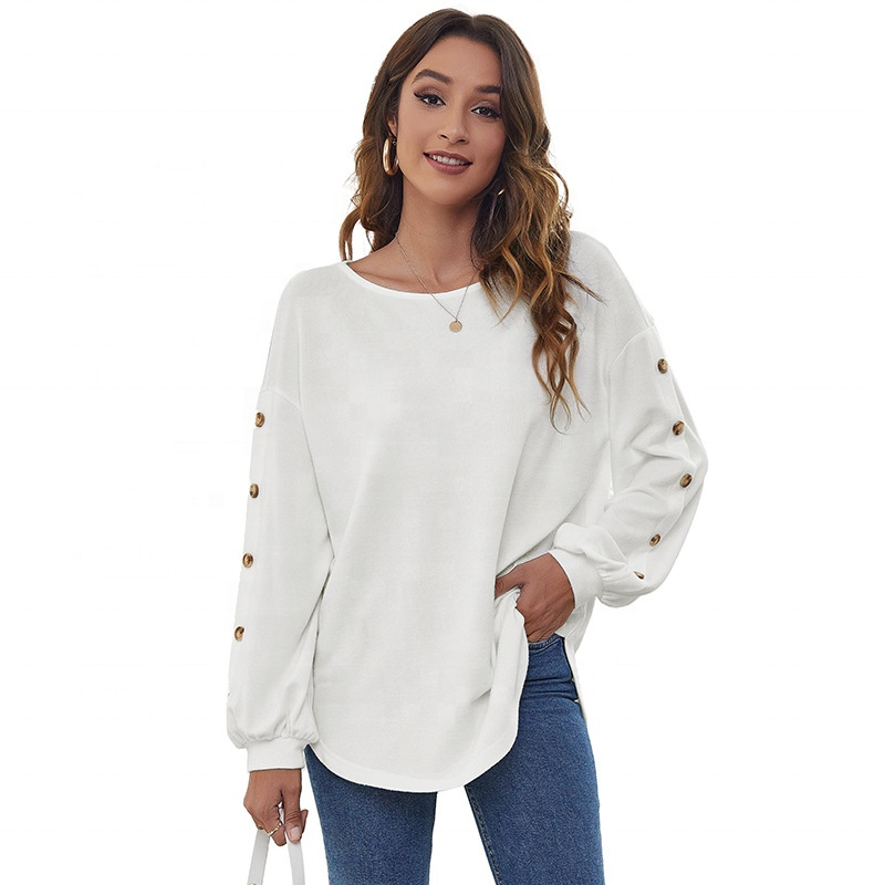 Oversized Curved Hem Women&#39;s T-shirts with Buttons Puff Sleeve Crew Neck Fashion Spring Lady Sweatshirts Promotion Casual Tops