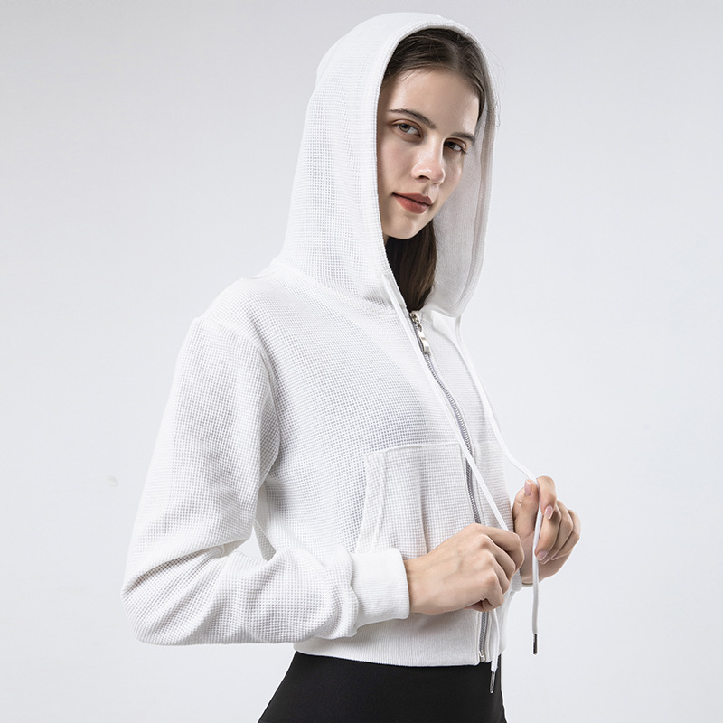 Training long sleeve women zip up crop waffle hoodie ladies winter sport tops