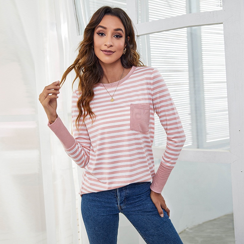 High quality women stripe t shirt with pockets custom logo ladies 80%polyester 20%cotton soft long sleeve top print on demand