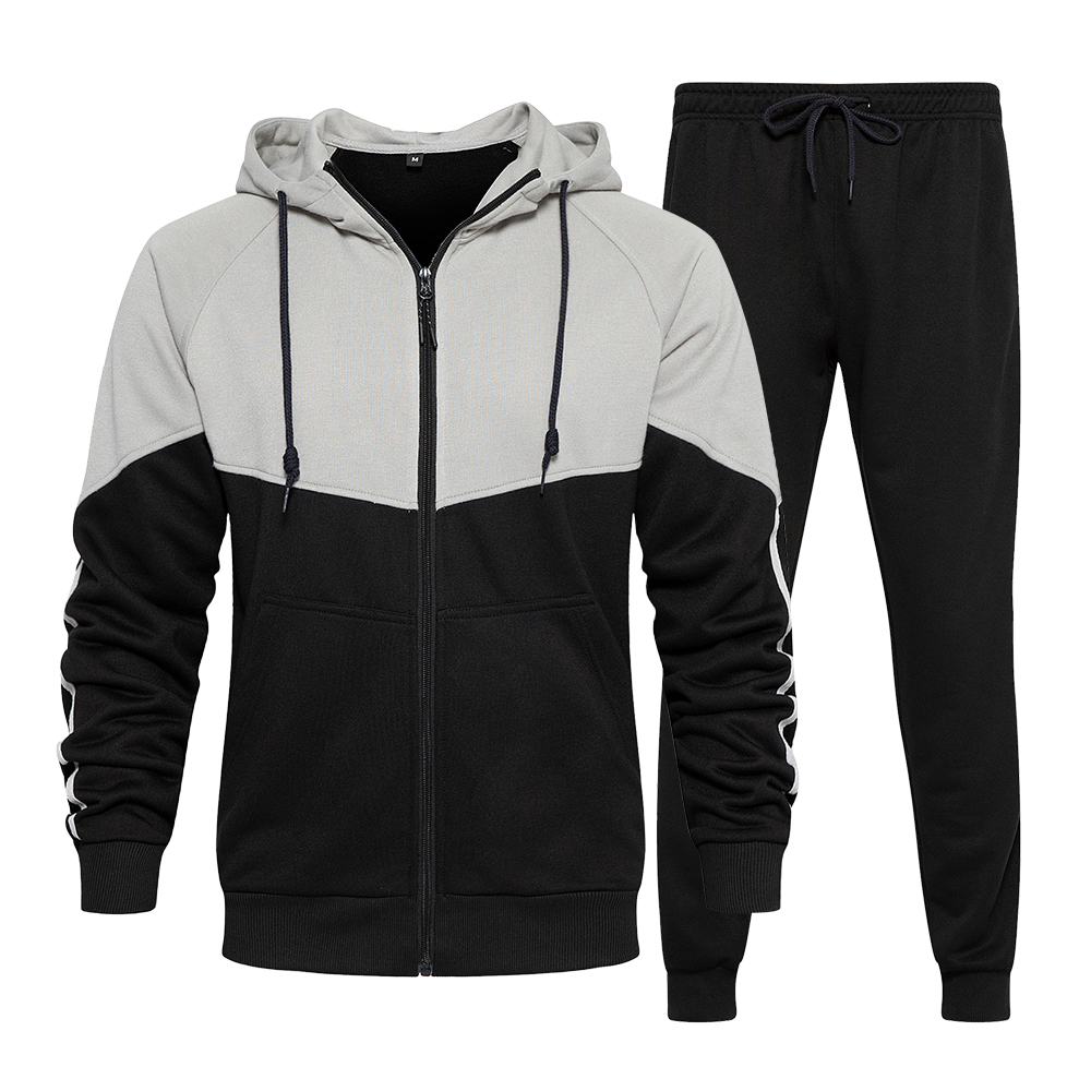 Wholesale training zipper up tracksuit french terry sport spliced hoodie and sweatpants sets contrast color