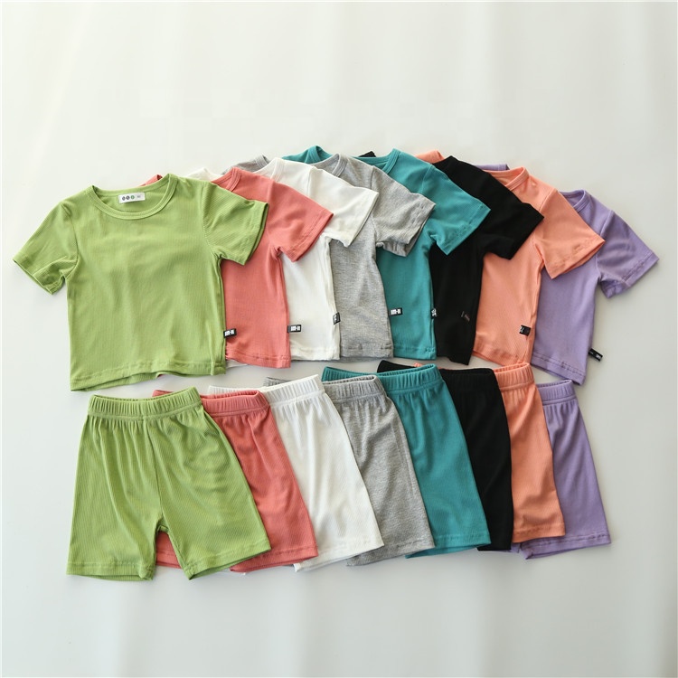 Promotion Plain Kids Pajama Sets Ribbed T-shirts &amp; Shorts Casual Home Wear Summer Boys Girls Sleeping Clothes