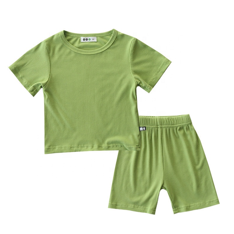 Kids Pajamas Set Ribbed Super Soft Boys Girls T-shirts&amp;Shorts Suits Plain Home Wear 100%Cotton Nightclothes