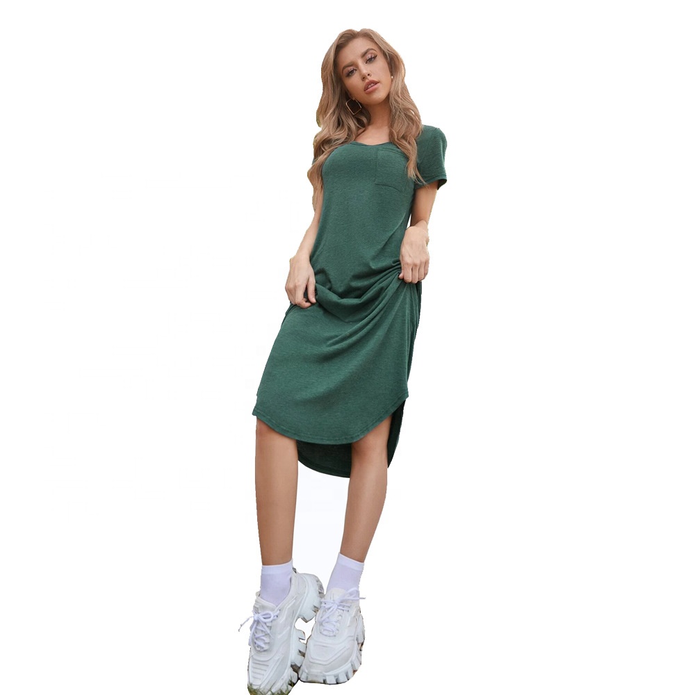 Plus Size Casual Women Dress with Chest Pocket Longline Curved Hem Green Home Wear Night Skirt Loose T-shirt Dresses