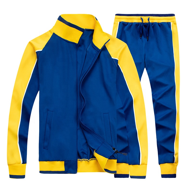 Color blocking men&#39;s sweatshirt sets high quality plus size zipper up track suits custom logo running jogging sweater and pants