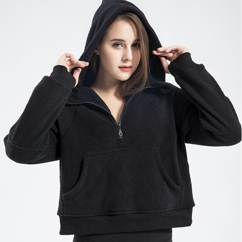 Athletic polar fleece hoodies for women with half zipper