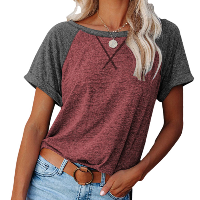 Knitting factory customised female casual t shirt round neck spliced contrast color ladies roll sleeve tops in bulk