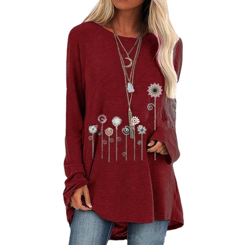 Oversize long sleeve t-shirt with flower printing scoop neck longline curved hem polyester cotton tee shirts for women