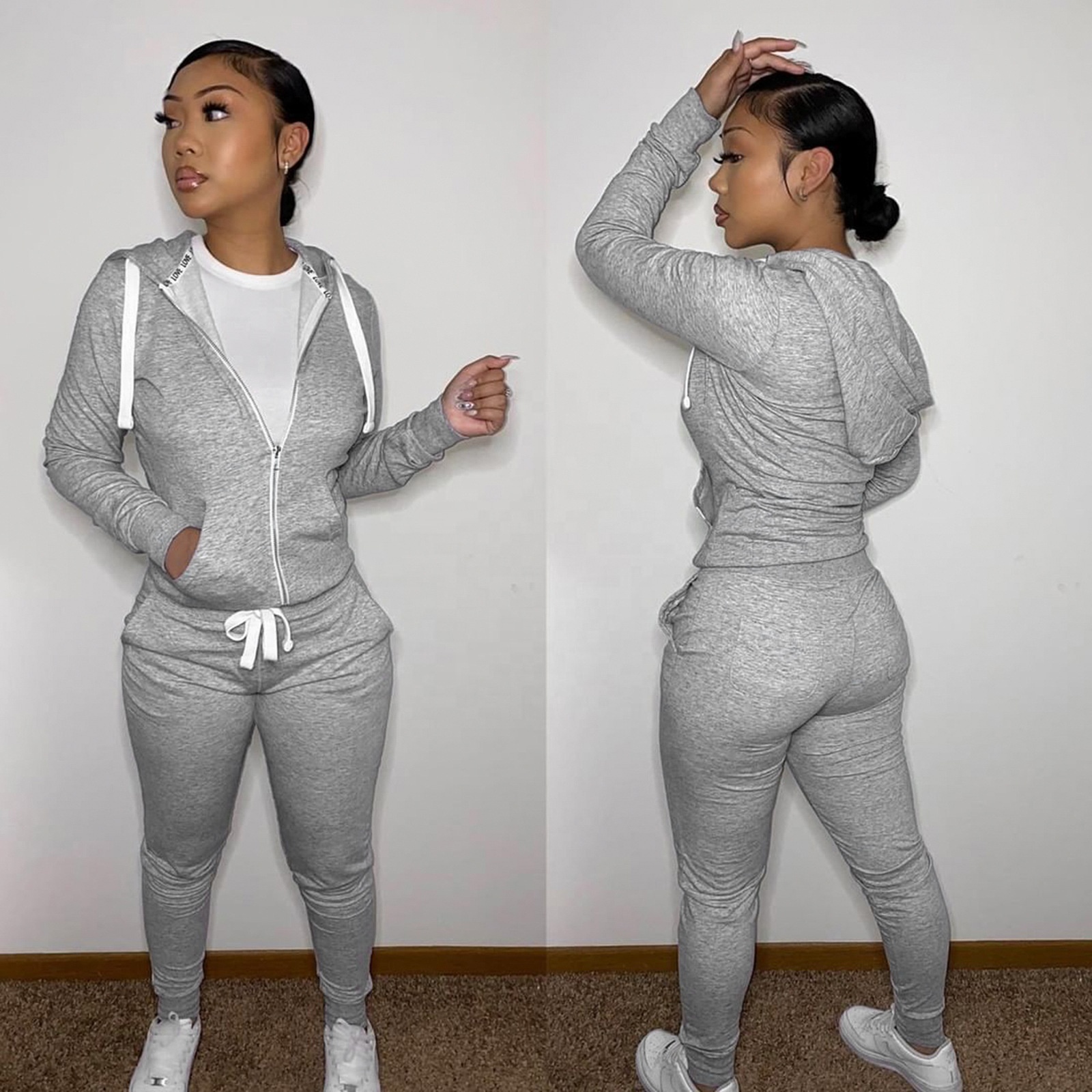 Ready Made Thick Fleece Sport Tracksuits Body Fit Zipper Sweatshirts Sets Pullover Winter Two Piece Suits For Women Lady Girl