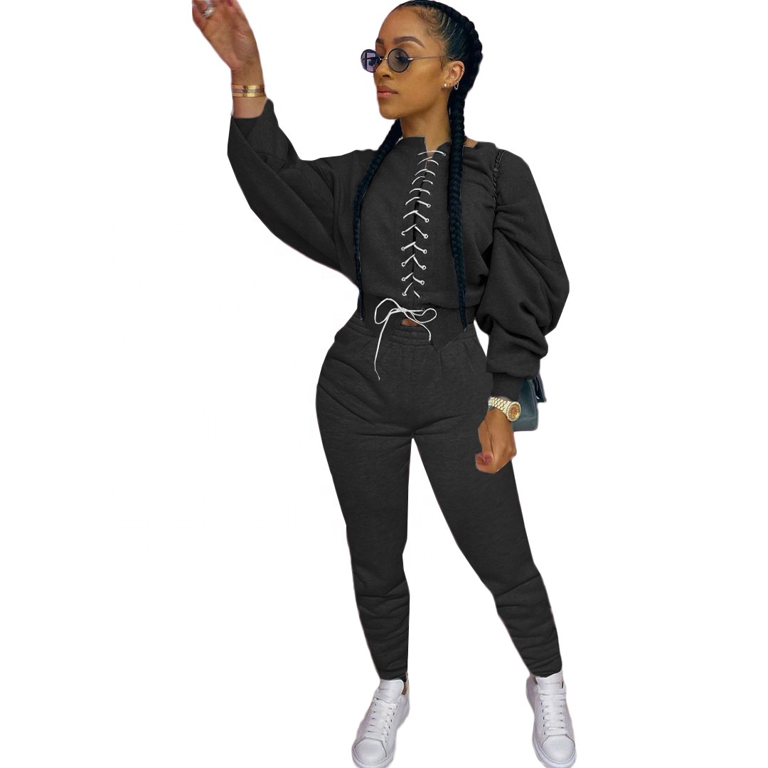 New Trend Lace-up Sport Outfits Crew Neck Frenal Sweatshirts And Pencil Pants For Woman Customize Graphic Sport Tracksuit