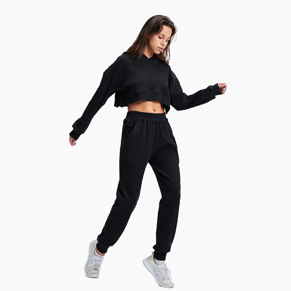 Female Sport Wear Women Workout Crop Top Hoodie And Pants Set 2 Piece Winter Tracksuits