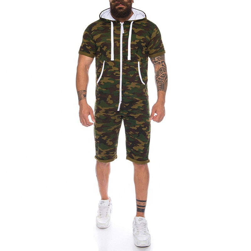 New Trending Mens Hooded Jumpsuit Camo Short Sleeve Zipper-up Sports Overall One Piece Clothing Casual Jogging Running Sets