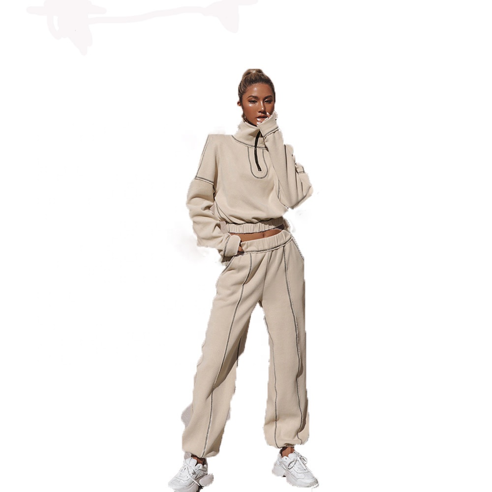 New Arrival Women Jogger Tracksuit Fashion Casual Sport 2 Pieces Sets Poly Stand Collar Zipper High Waist Tops &amp;Sweatpants