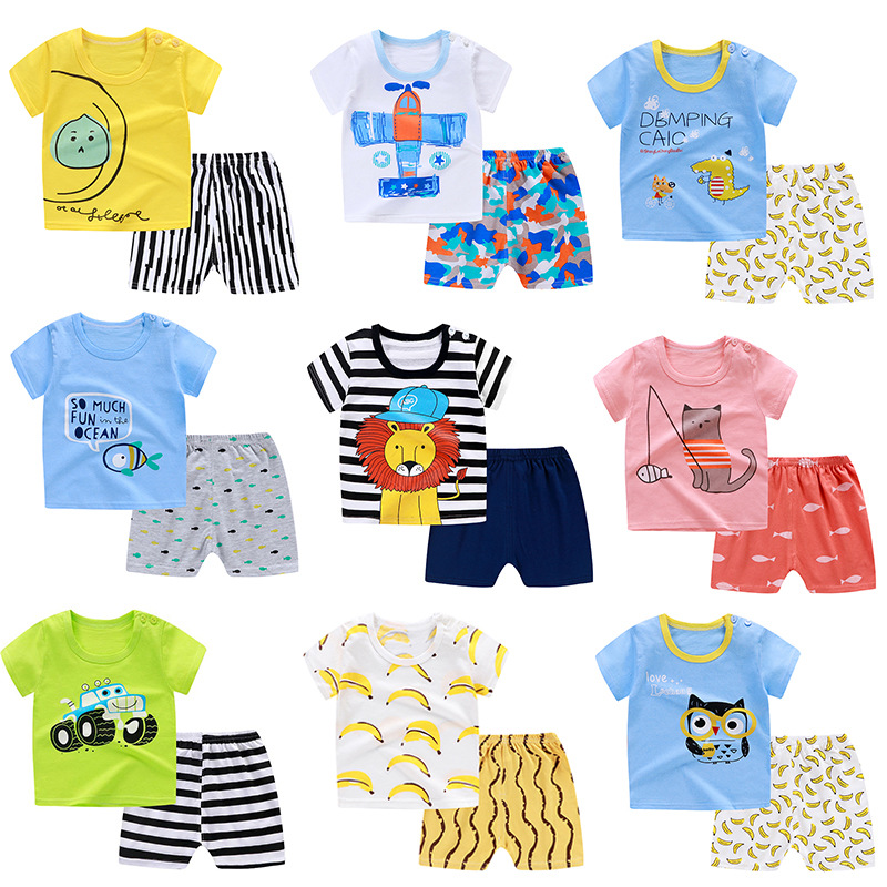Promotion cheapest boy and girl clothing children sets100% cotton 2pcs baby clothes short set wholesale