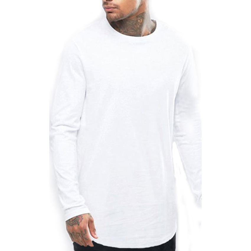 Custom your own brand long sleeve curved hem long line fashion elongated t shirt with zipper on side