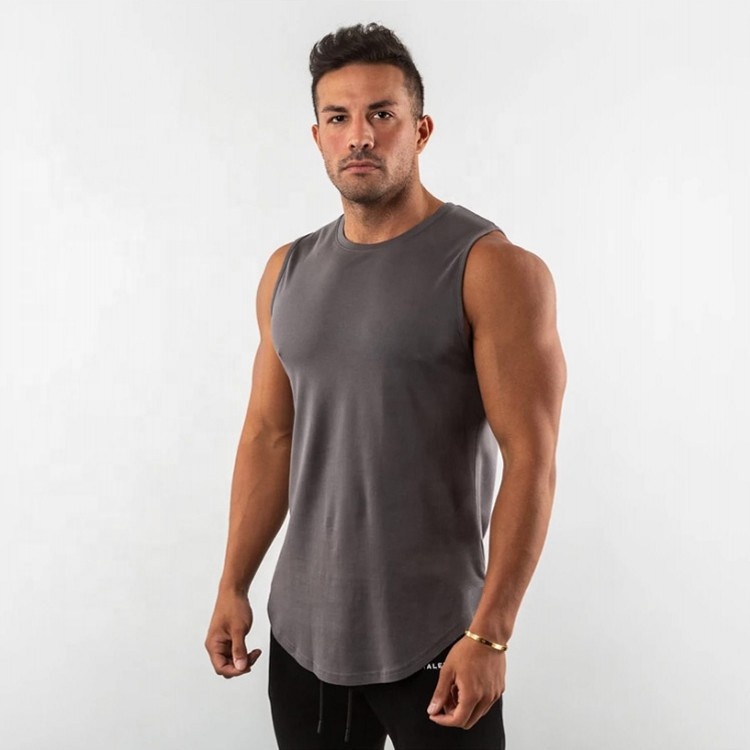 Custom Logo Men&#39;s Longline Tank Tops Cotton Elastane Gym Sport Muscle Fitness Blank Sleeveless T-shirts Stringer Body Fit Vest
