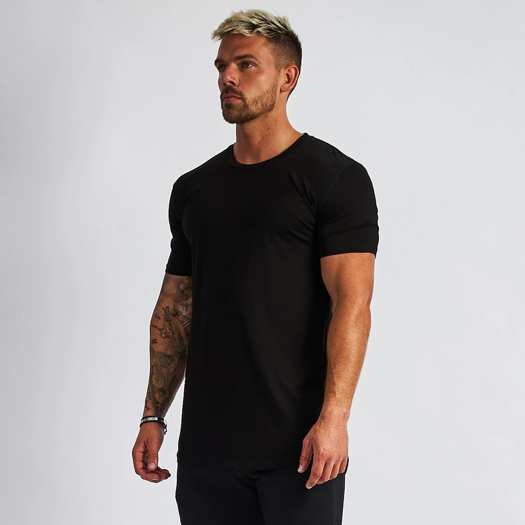 High quality 95% Cotton 5% Elastane Gym T-shirts Men&#39;s Slim Fitted Curved Hem Crew Neck Short Sleeve Muscle Fitness Tee