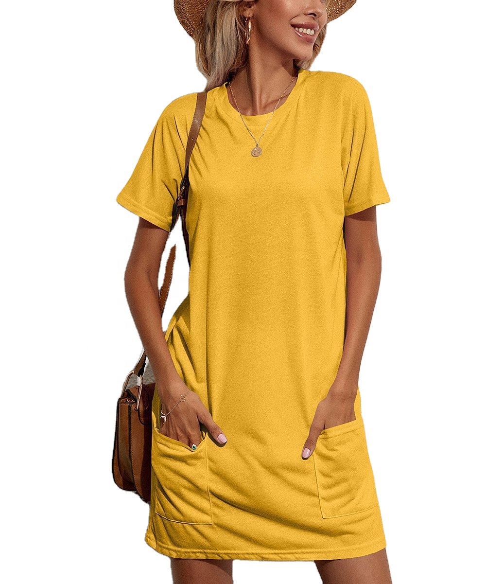 Low moq summer women&#39;s dresses with pockets polyester spandex plain short sleeve t shirt dress custom logo