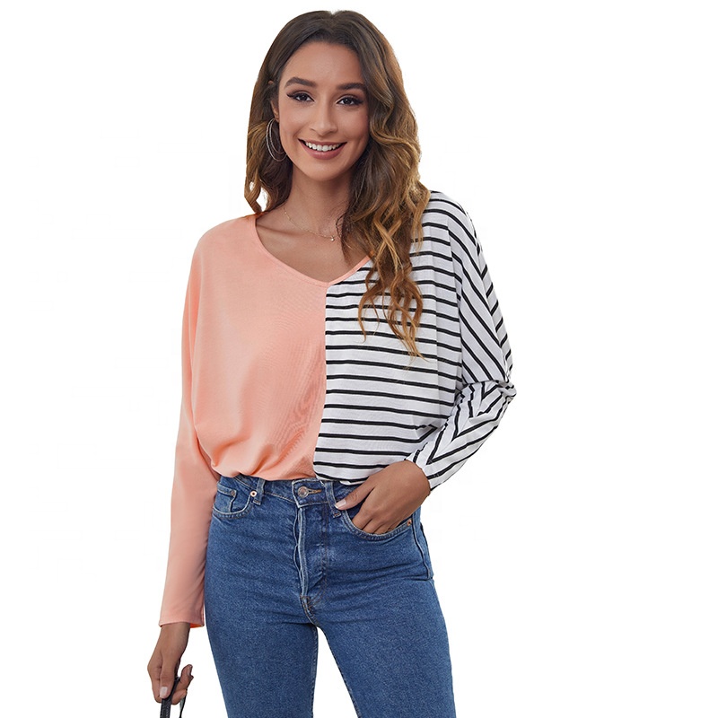 New Style Striped V Neck Women&#39;s T-shirt Loose Causal Plus Size Long Sleeve Contrast Color Splicing Girls Tops  in 2022