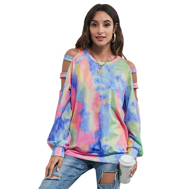 Top Selling Hollow Out Long Sleeve T-shirt Women Tie Dye Print Fashion Plus Size O Neck Stock Tops Vintage Lady T Shirt 2022