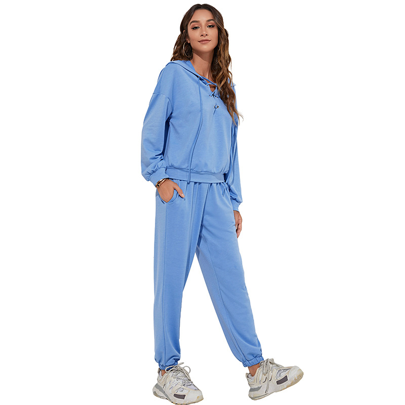 Fashion hoodie and jogger set customize womens 2 piece v-neck bandage casual sport tracksuit