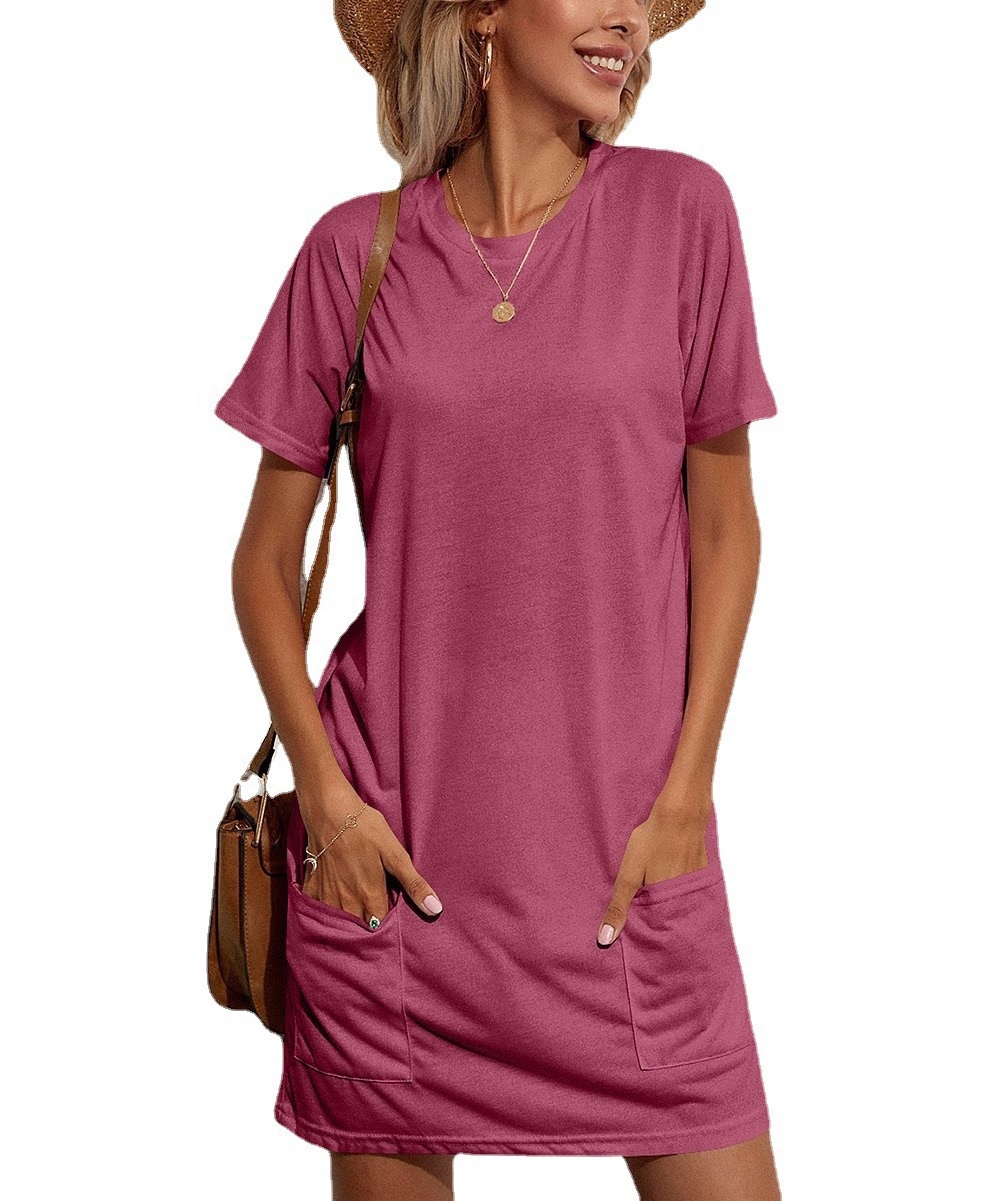 Hot Sale Casual Women&#39;s Dresses with Double Pockets Loose O Neck T-shirt Dress Skirts