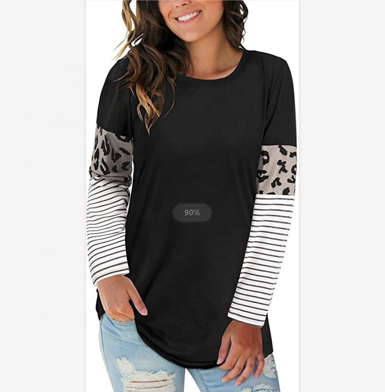 New arrival striped leopard long sleeve contrast color t shirt for women custom your logo