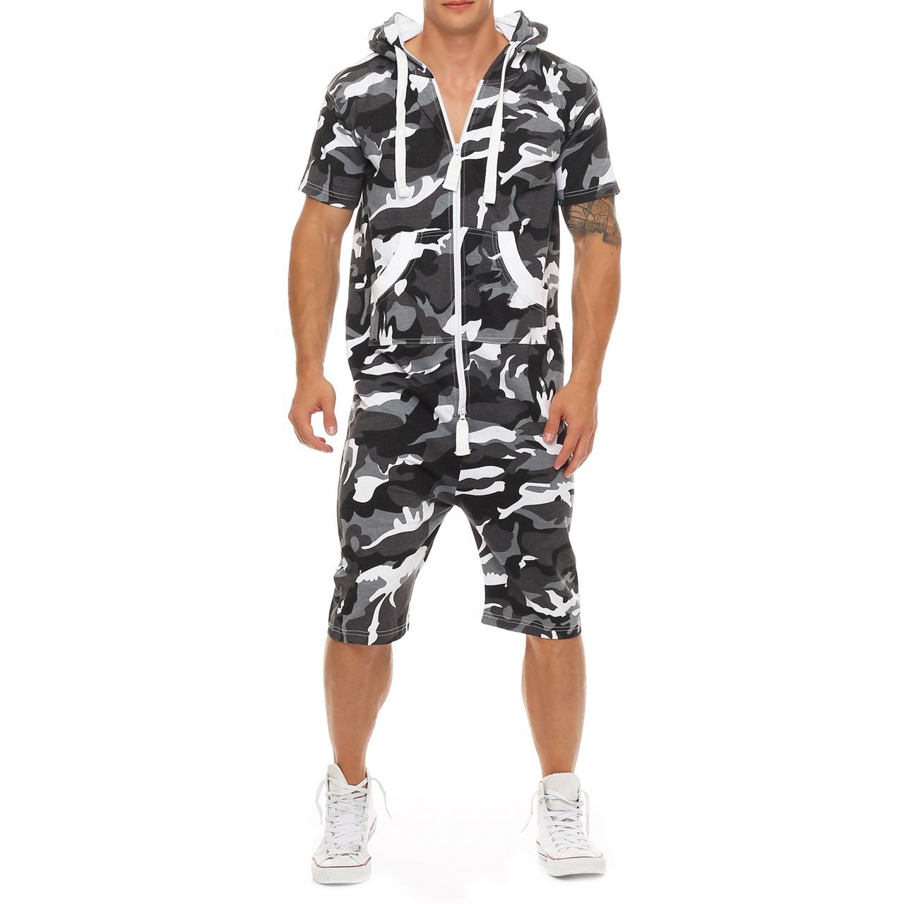 Fashion Men&#39;s Tracksuit Set Camouflage Zipper Hooded Jogging Sets Poly Cotton T-shirts &amp; Shorts 2 pcs suits