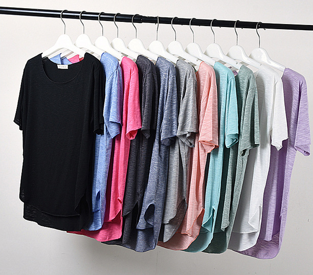 Fashion 2023 scoop round neck women bamboo t shirt customized longline ladies casual loose fit side split top for sale