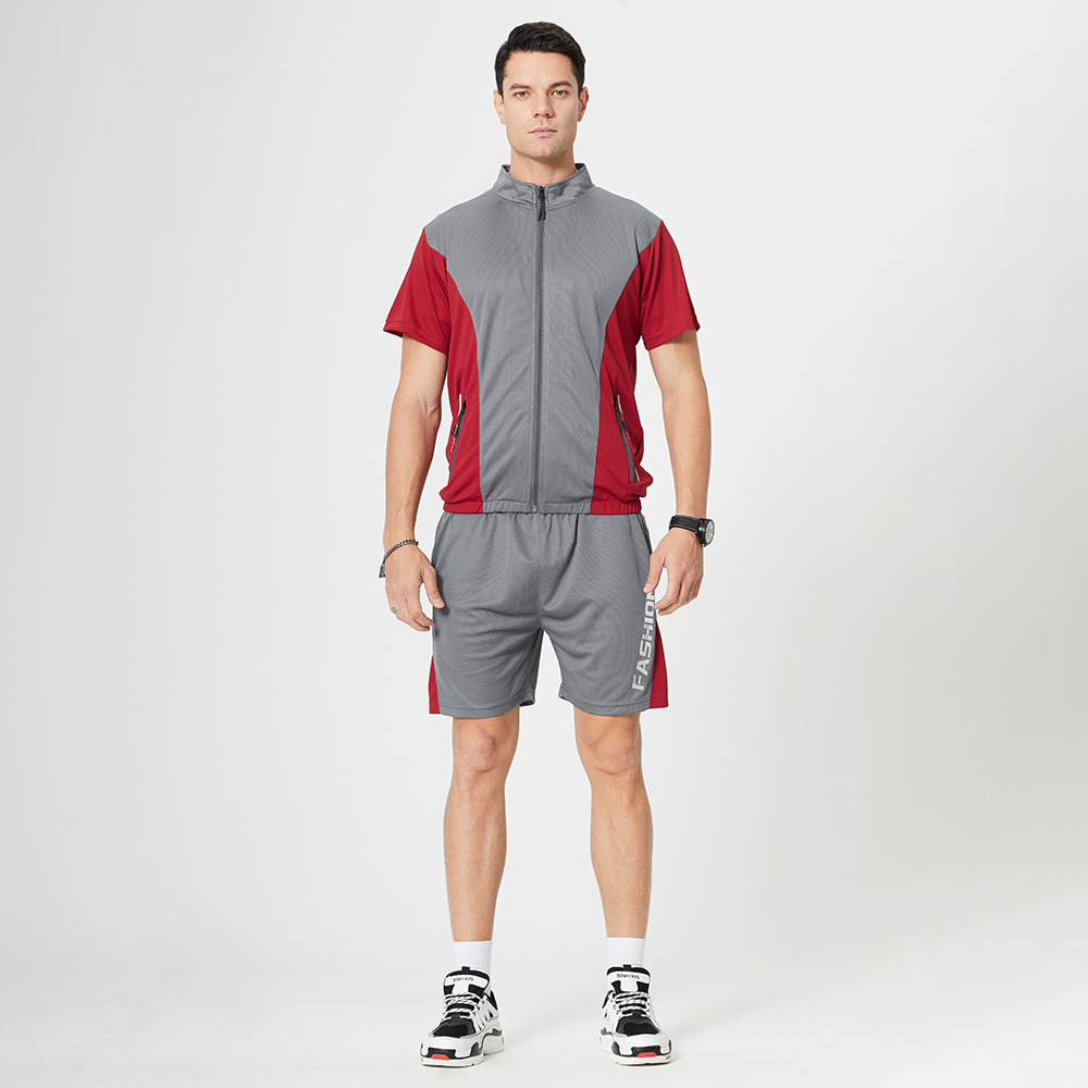 2022 men plus size gym t shirt and shorts set two piece patchwork jogger sportswear suit with zipper up