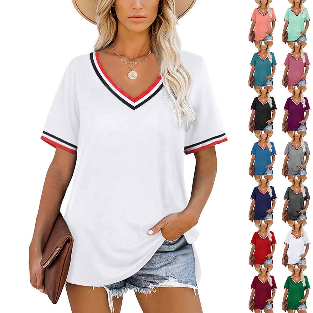 Fashion Yarn Dye V Neck T-shirt Soft 65Cotton 35Polyester Plus Size Woman T Shirts Longline Deep V Neck Short-sleeved Tops