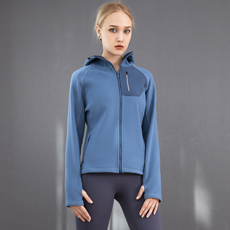 2023 outdoor gym color block fitness fleece hoodie jacket for women with thumb hole