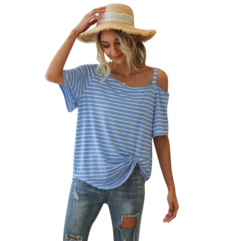 Design plus size ladies loose t shirt wholesale women oversized stripe off the shoulder short sleeve t shirt with knot