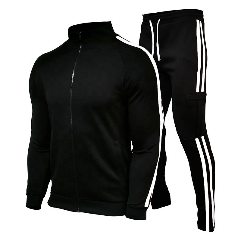 Top sell mens track suits stand collar tops &amp; sweatpants two-piece jogging set with side stripes custom your logo