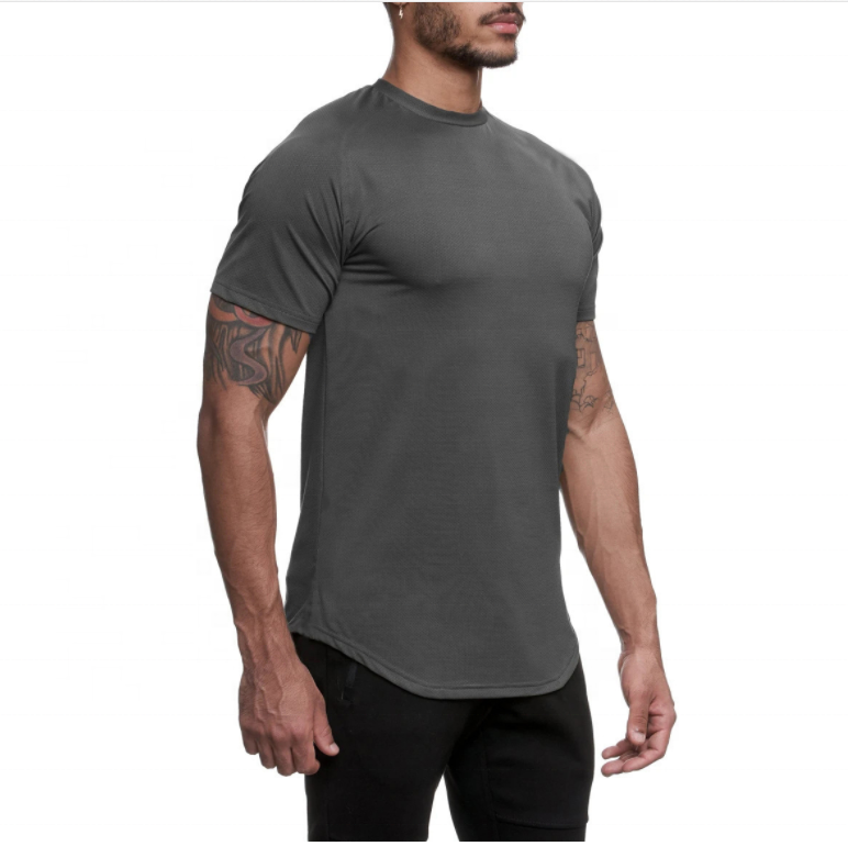 Hot Sale Curved Hem Men&#39;s T-shirts Plus Size Longline Plain Gym Sports Tee Polyester Lightweight Mesh Breathable T Shirt Custom