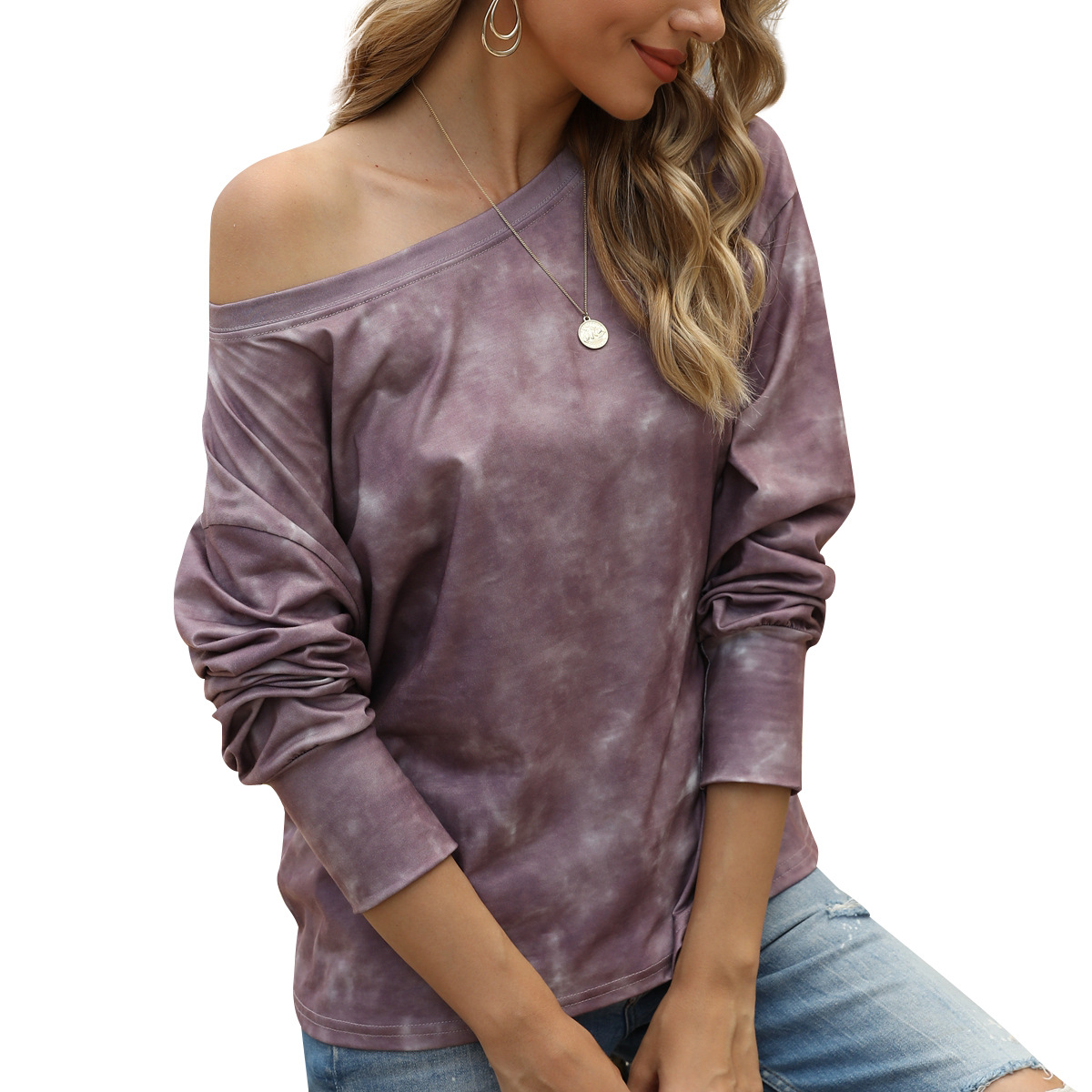 Womens fashion tie dye full sleeve casual off the shoulder t-shirt for ladies