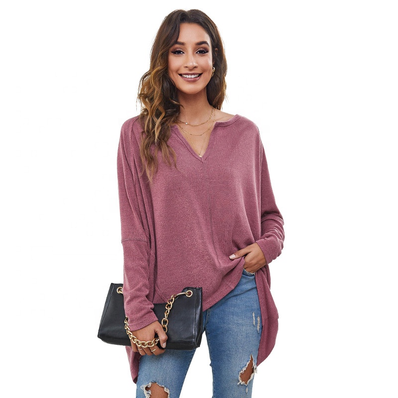 Ready Made Oversize Women&#39;s T-shirts Batwing Sleeve Blouse Drop Shoulder Long Sleeve V Neck Leisure Fashion Tops
