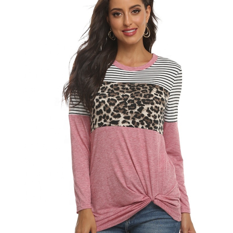 Promotion womens t shirts leopard print and stripe splicing color long sleeve tee in bulk