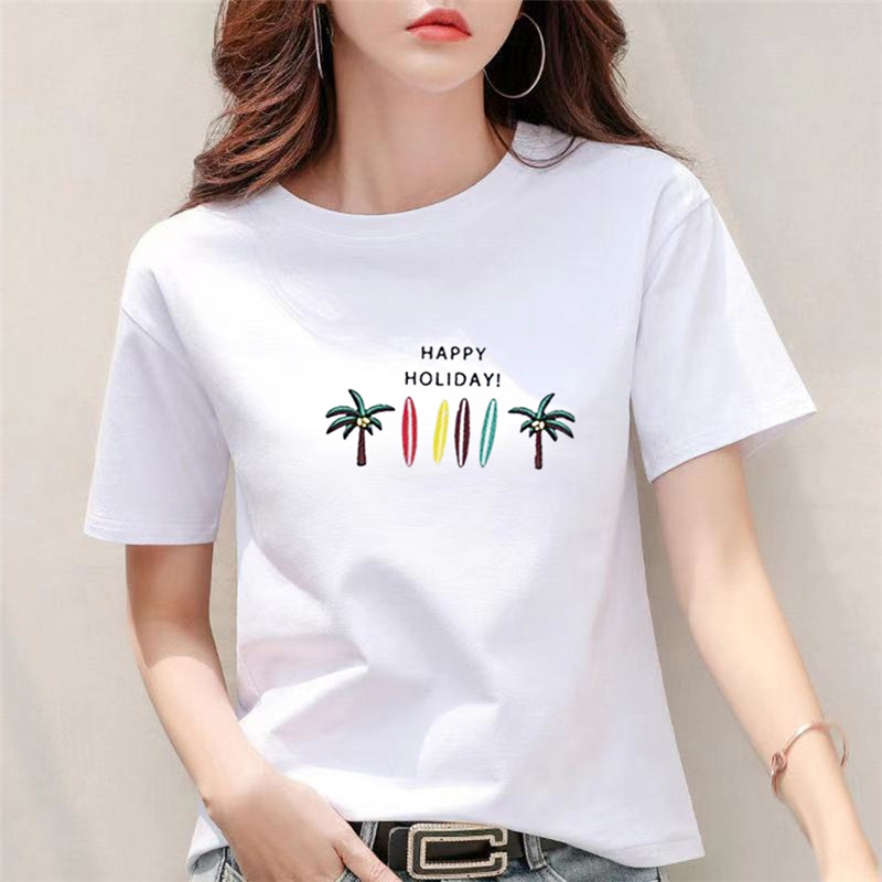 Colorful trendy soft cotton O-neck woman t shirt custom made graphic print ladies short sleeve top t-shirts for womens