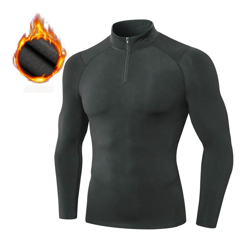 Long Sleeve Men&#39;s Brushed Sweatshirts Close Fit Stand Collar Gym Workout Tops Seamless Polyester Spandex Fleece Exercise Sweater