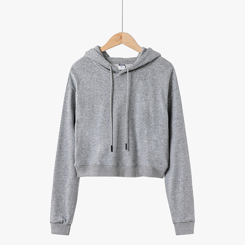 100% cotton plain crop top long sleeve woman pullover hoodie sweatshirt with drawstring