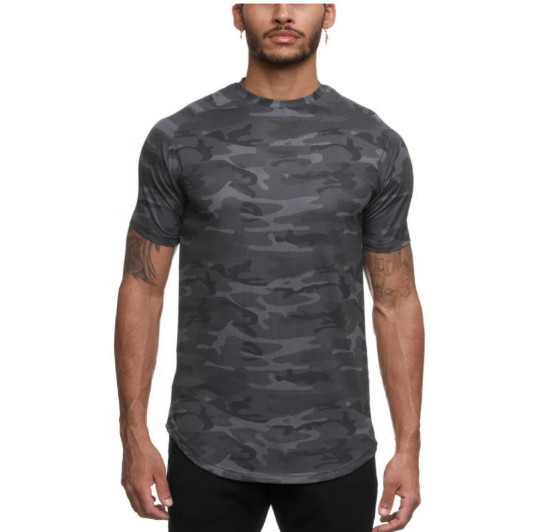 Camouflage Longline Gym Fitness T-shirts Fast Dry Sports Tee Mesh Breathable Curved Hem Workout Tops for Men