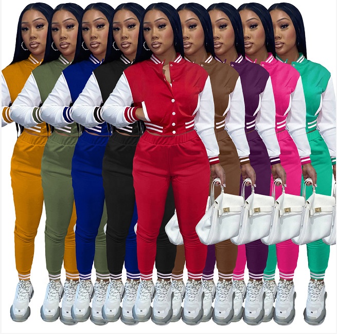 Woman&#39;s Baseball Jacket Sets Casual Contrast Color Sport Suits Single-breasted High Waist Crop Top Yarn Dyed Two Pieces Set