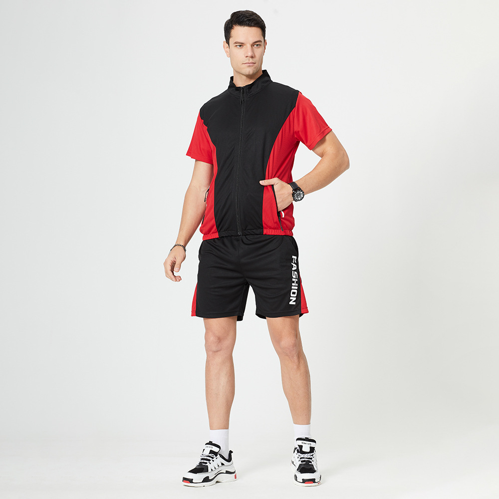 Oem plain blank t shirt and shorts set fashion style men gym sport full zip up tops and short pant suit