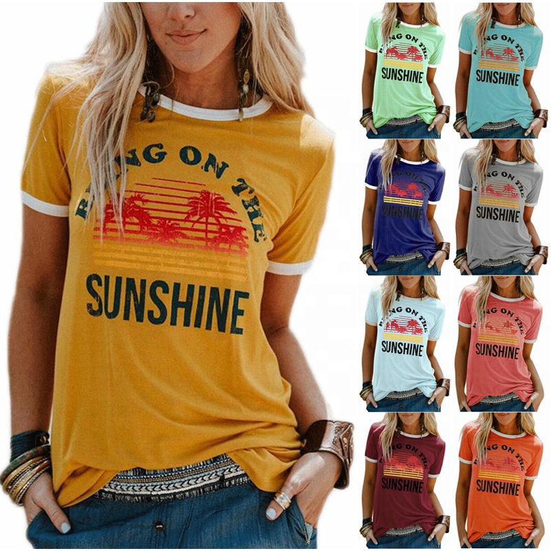 Popular Slim Fit Woman&#39;s T-shirts Reglan Sleeve Coconut Tree Printing Crew Neck Fashion Ladies Polyester Cotton T shirt In Stock