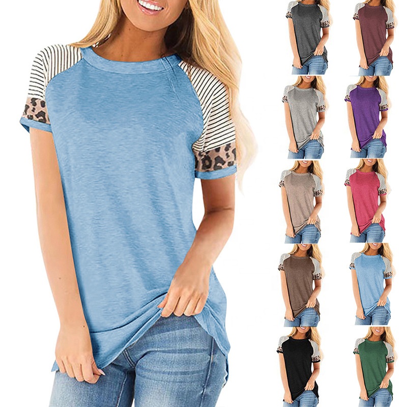 Bulk Sale Slim Fit Ladies T-shirts Stripe Sleeve Leopard Print Fashion Contrast Color Woman&#39;s Short-sleeve Tops Custom Graphic