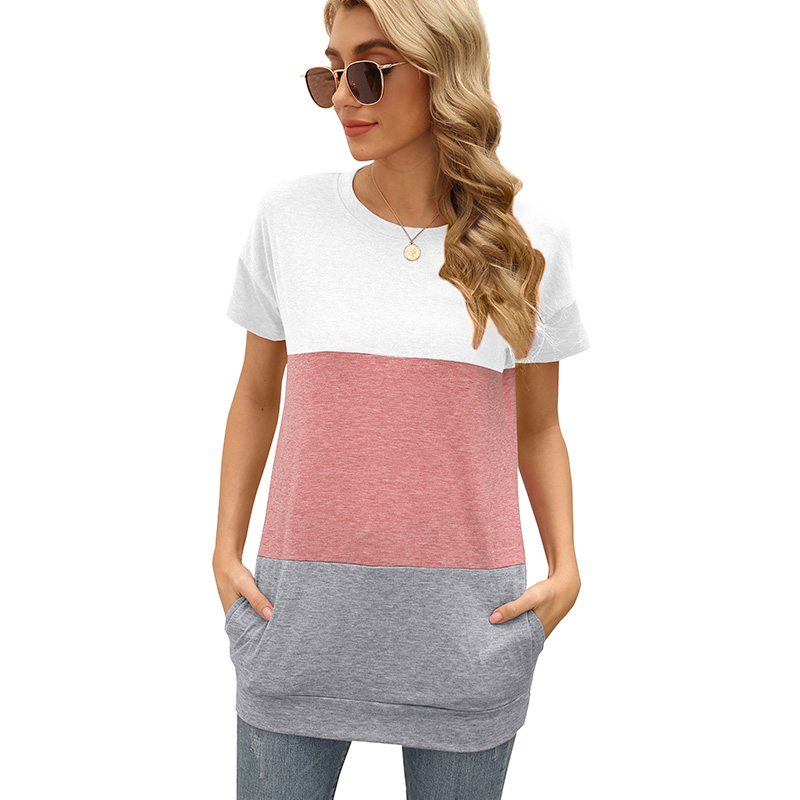 New Design Trendy Over Size Women Pockets T Shirt Fashionable Casual Knit Long Line Spliced Tops For Ladies