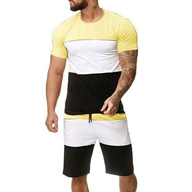 Contrast color mens track suits custom logo low moq 1set plus size sports wear short sleeve t shirt &amp; shorts