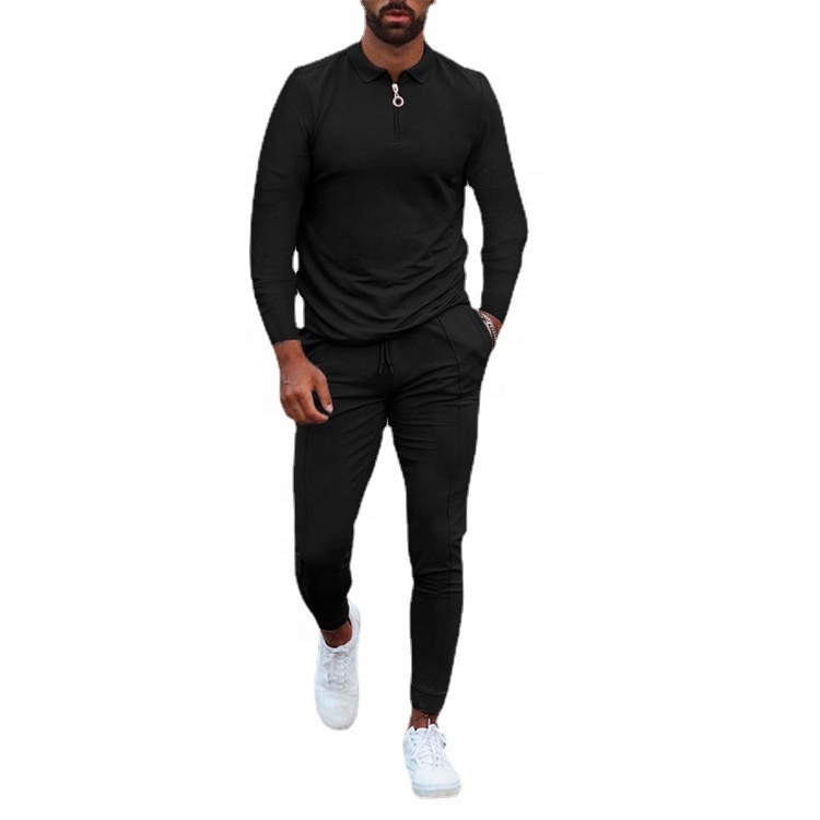 Wholesale Long Sleeve Polo Shirt Sets Plain Men&#39;s Slim Fit Polo 2 Pieces Sport Wear Half Zipper Golf Fitness Set Custom Logo