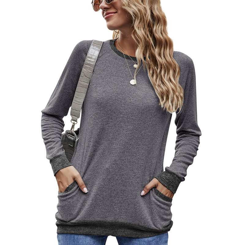 Knitting factory custom full sleeve ladies t shirts fashion crew neck longline women tops with contrast color pocket