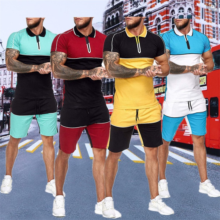 Contrast Color Splicing Polo Shirt Set Summer Gym Workout Golf 2-piece Tracksuit Quick Dry Sport Wear Zipper Polo &amp; Shorts
